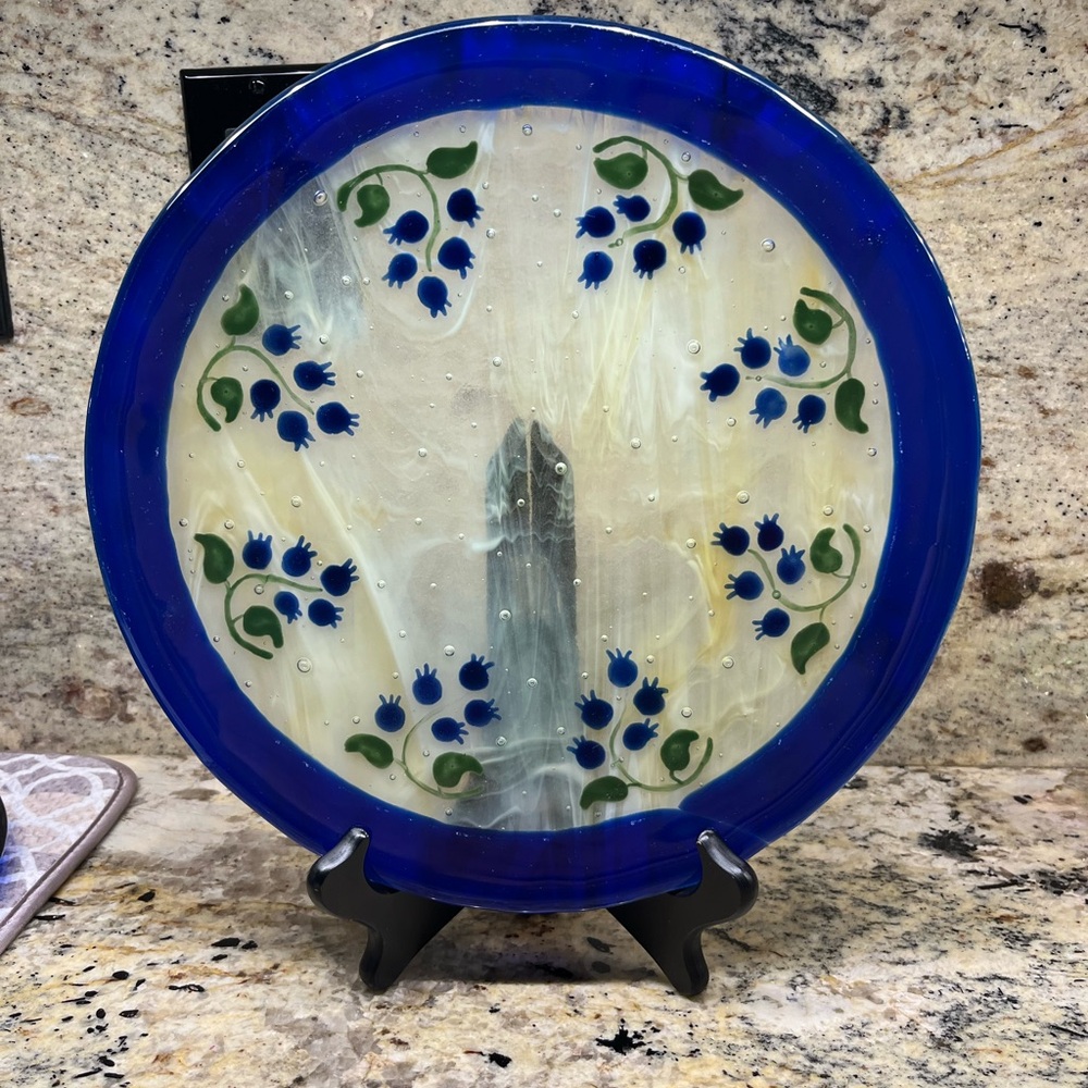 Glass Art Plate, Blueberry Clusters over Milky Glass, Cobalt Blue
